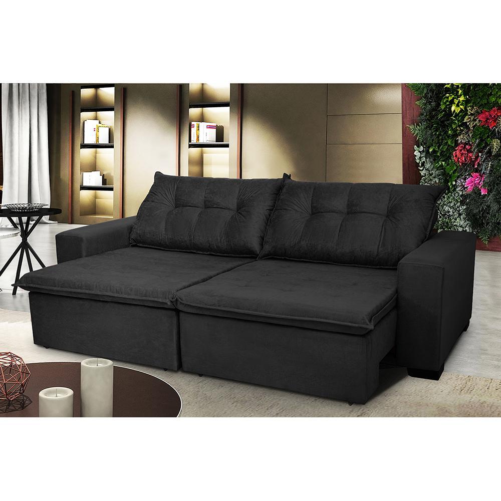 Sofá Austrália 2,32 Mts Retrátil, Reclinável Com Molas e Pillow no Assento Tecido Suede Preto - 1