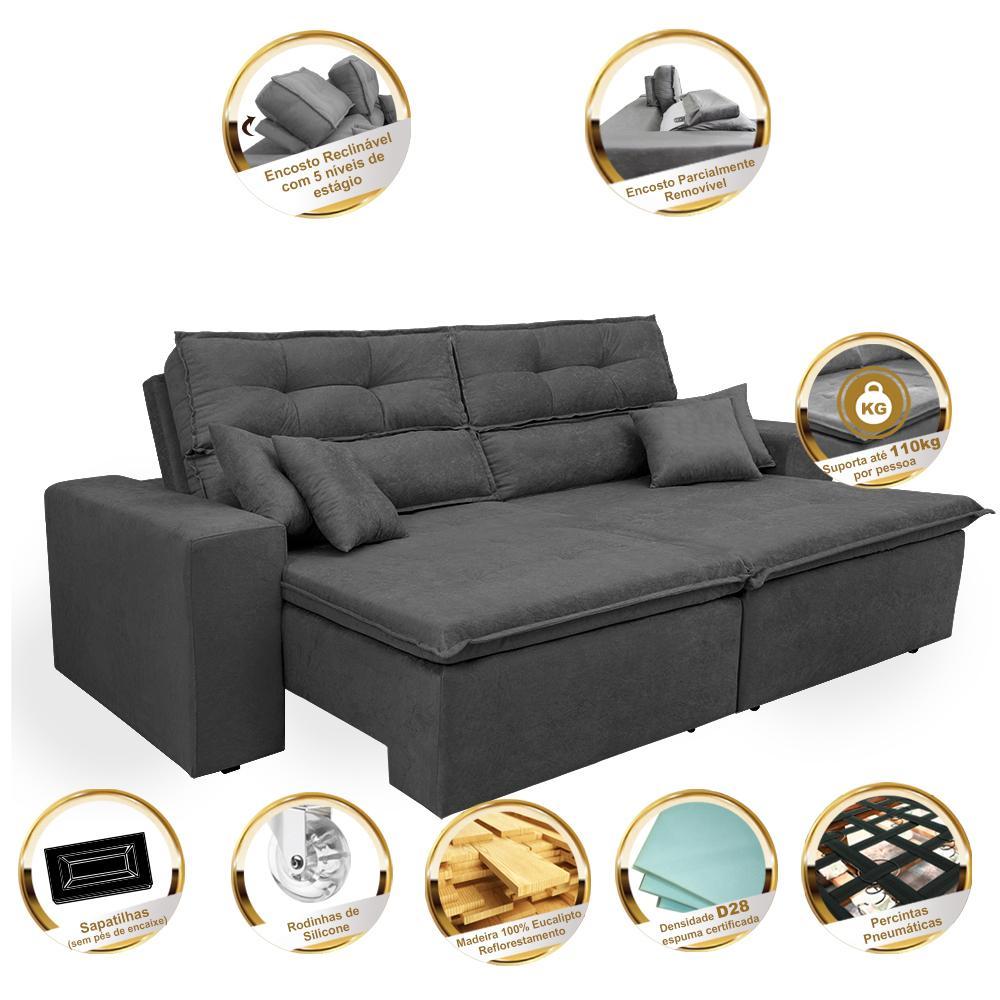 Sofá Cairo 1,82m Retrátil, Reclinável Tecido Suede Cinza Cama inBox - 3