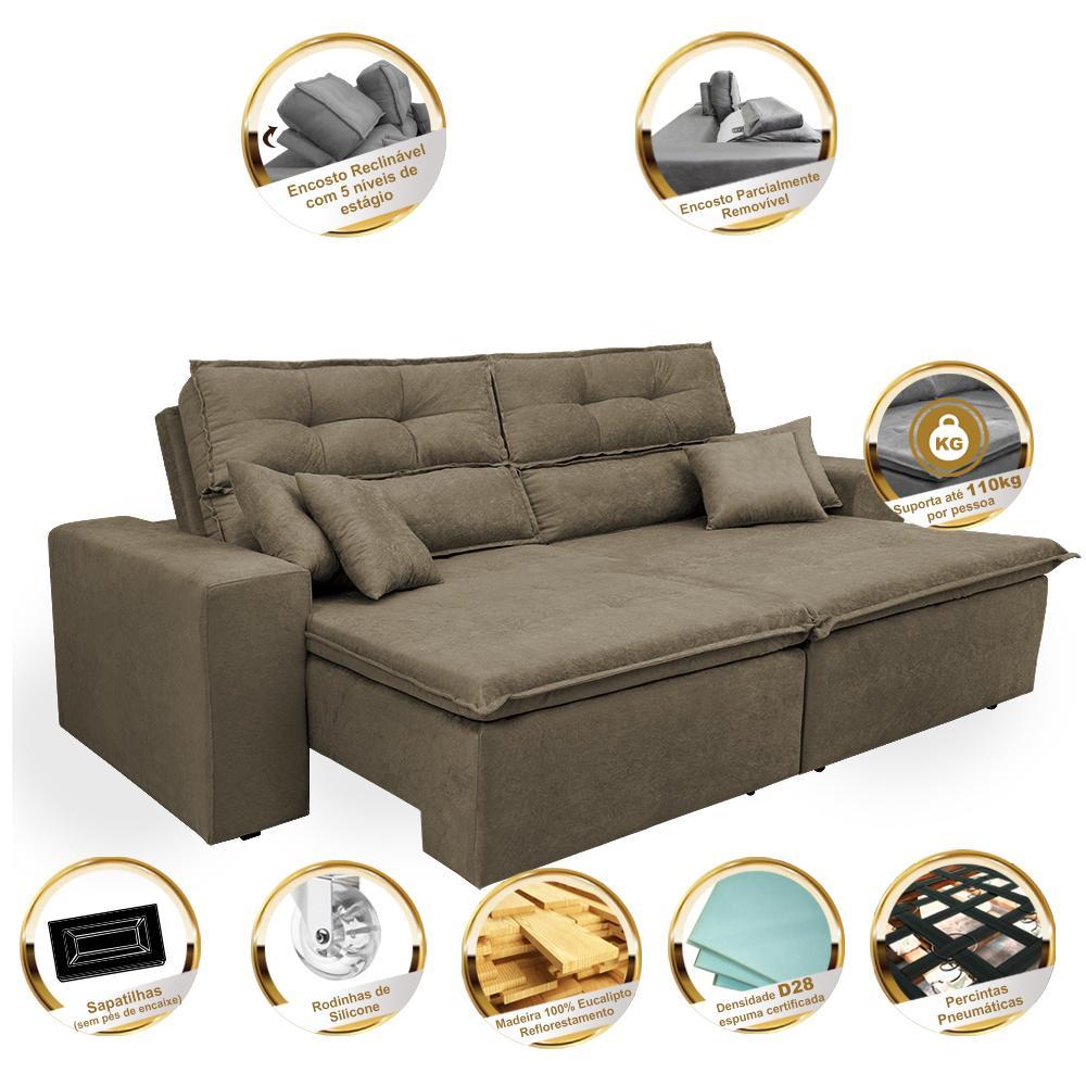 Sofá Cairo 1,82m Retrátil, Reclinável Tecido Suede Castor - 3