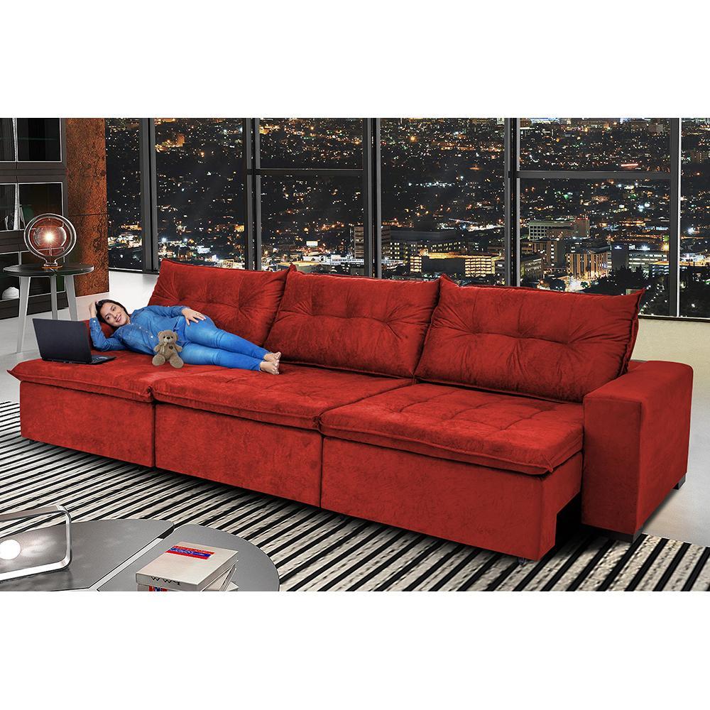 Sofá Austrália 4,12 Mts Retrátil, Reclinável Com Molas e Pillow no Assento Tecido Suede Vermelho - 1