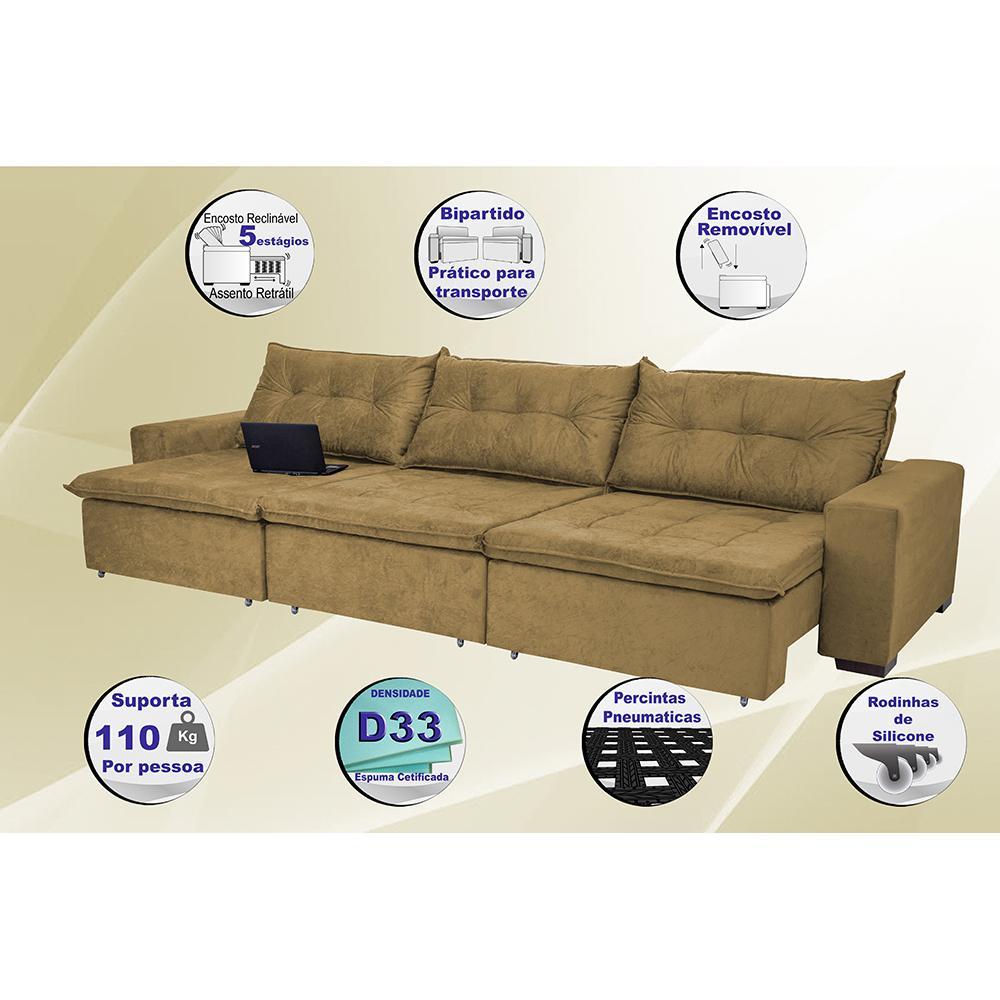 Sofá Austrália 4,12 Mts Retrátil, Reclinável Com Molas e Pillow no Assento Tecido Suede Castor - 3