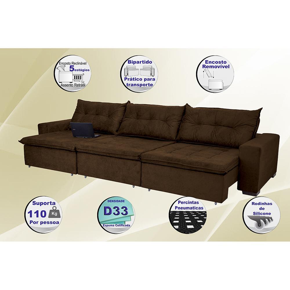 Sofá Austrália 4,12 Mts Retrátil, Reclinável Com Molas e Pillow no Assento Tecido Suede Café - 3
