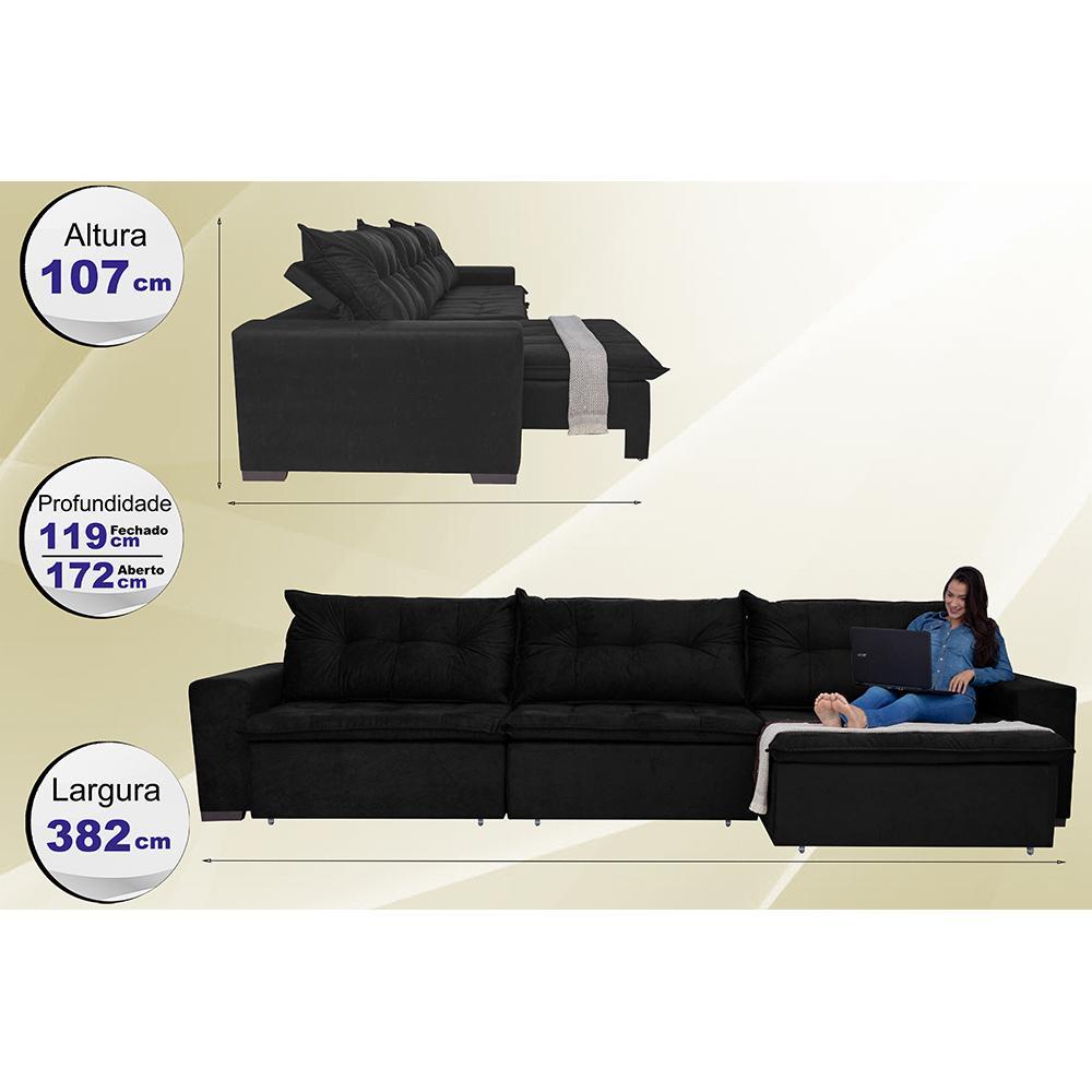 Sofá Austrália 3,82 Mts Retrátil, Reclinável Com Molas e Pillow no Assento Tecido Suede Preto - 2