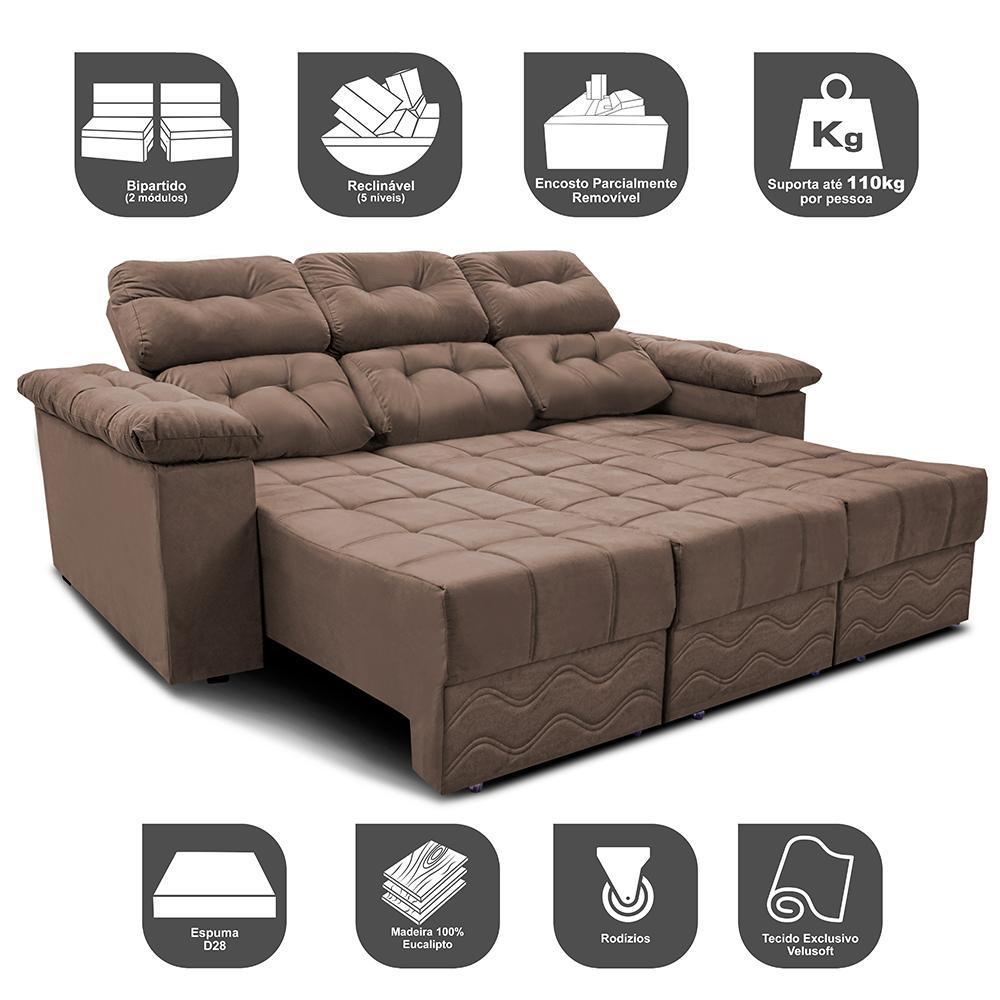 Sofa Itália 2,80 Mts Retrátil e Reclinavel Tecido Suede Castor - Cama InBox - 3