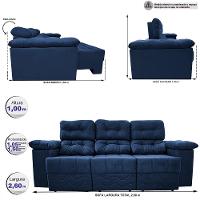 Sofa Itália 2,60 Mts Retrátil e Reclinavel Tecido Suede Azul - Cama InBox - 2
