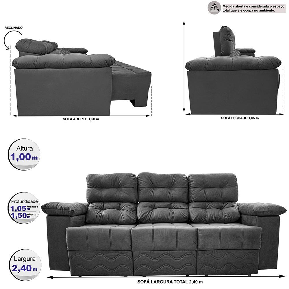 Sofa Itália 2,40 Mts Retrátil e Reclinavel Tecido Suede Cinza - Cama InBox - 2
