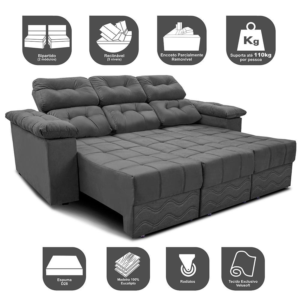 Sofa Itália 2,40 Mts Retrátil e Reclinavel Tecido Suede Cinza - Cama InBox - 3