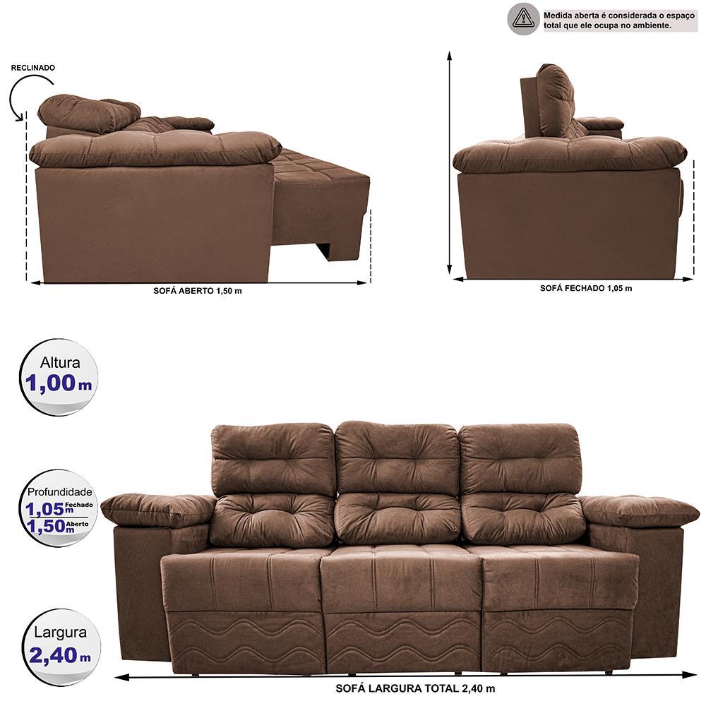 Sofa Itália 2,40 Mts Retrátil e Reclinavel Tecido Suede Castor - Cama InBox - 2