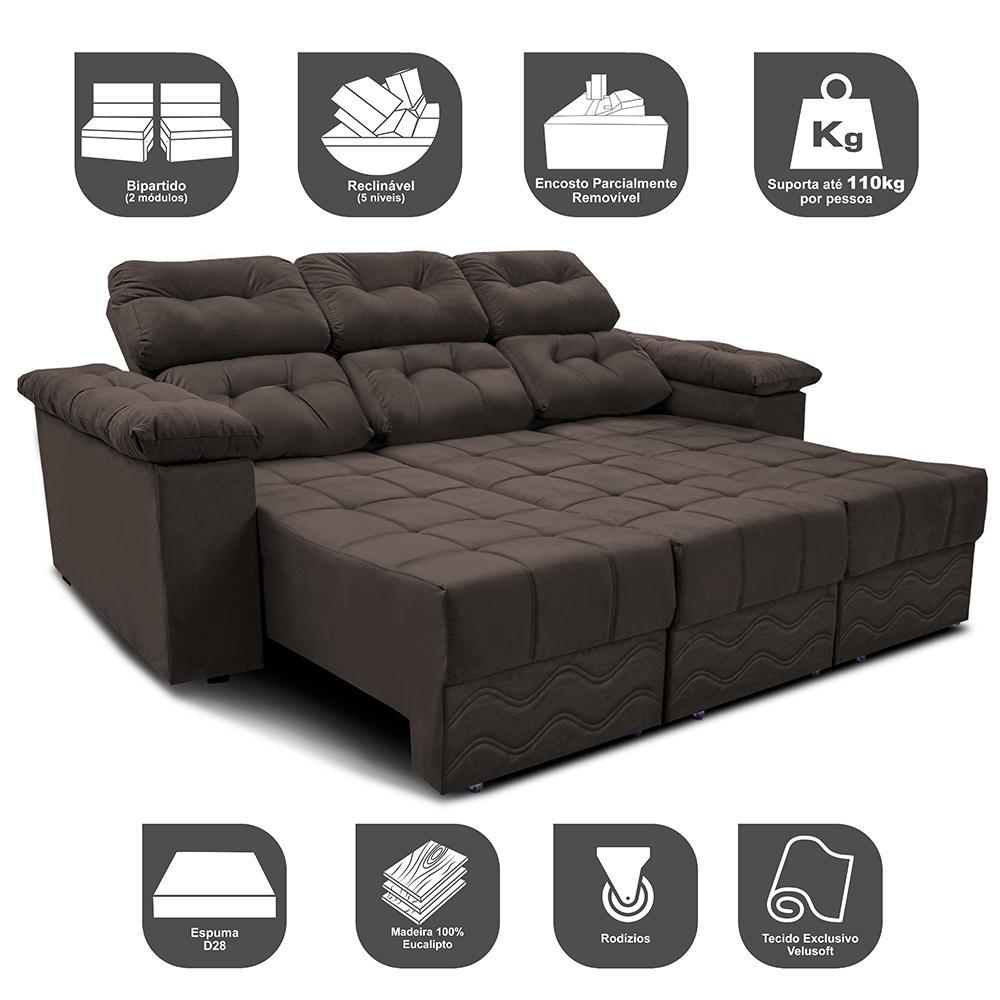 Sofa Itália 2,40 Mts Retrátil e Reclinavel Tecido Suede Café - Cama InBox - 3
