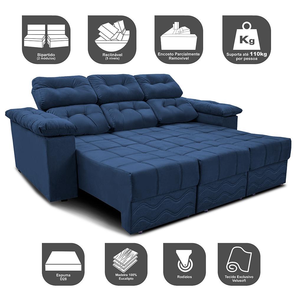 Sofa Itália 2,25 Mts Retrátil e Reclinavel Tecido Suede Azul - Cama InBox - 3