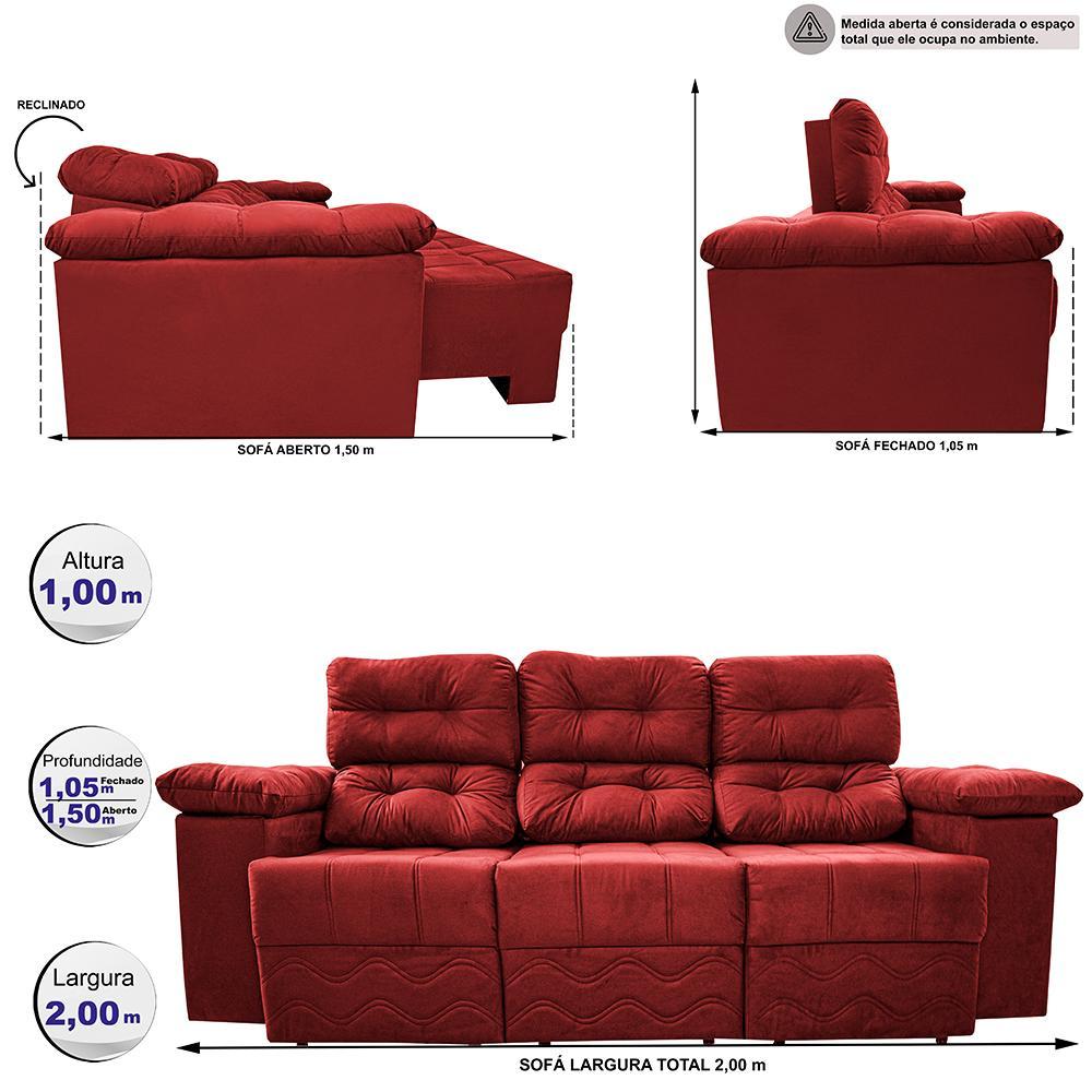 Sofa Itália 2,00 Mts Retrátil e Reclinavel Tecido Suede Vermelho - Cama InBox - 2