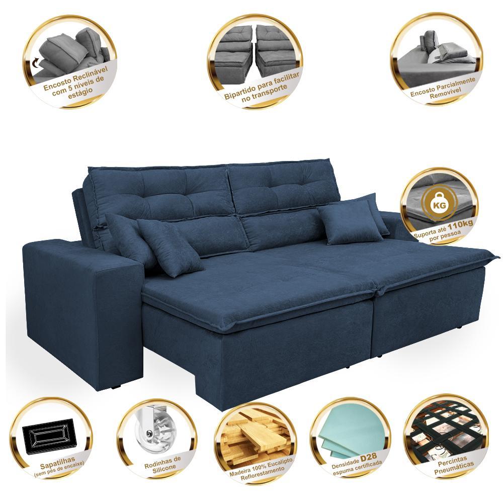 Sofá Cairo 2,72m Retrátil, Reclinável Tecido Suede Azul - 3