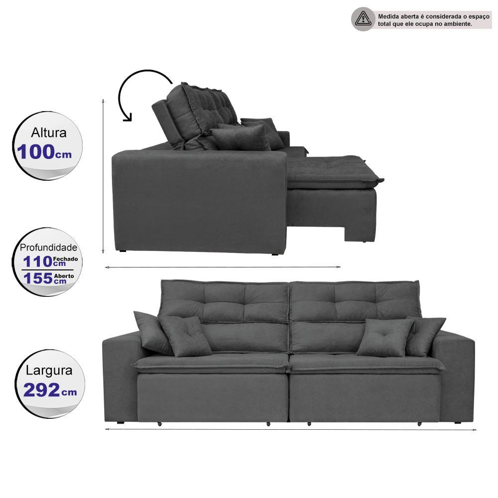 Sofá Cairo 2,92m Retrátil, Reclinável Tecido Suede Cinza - 2