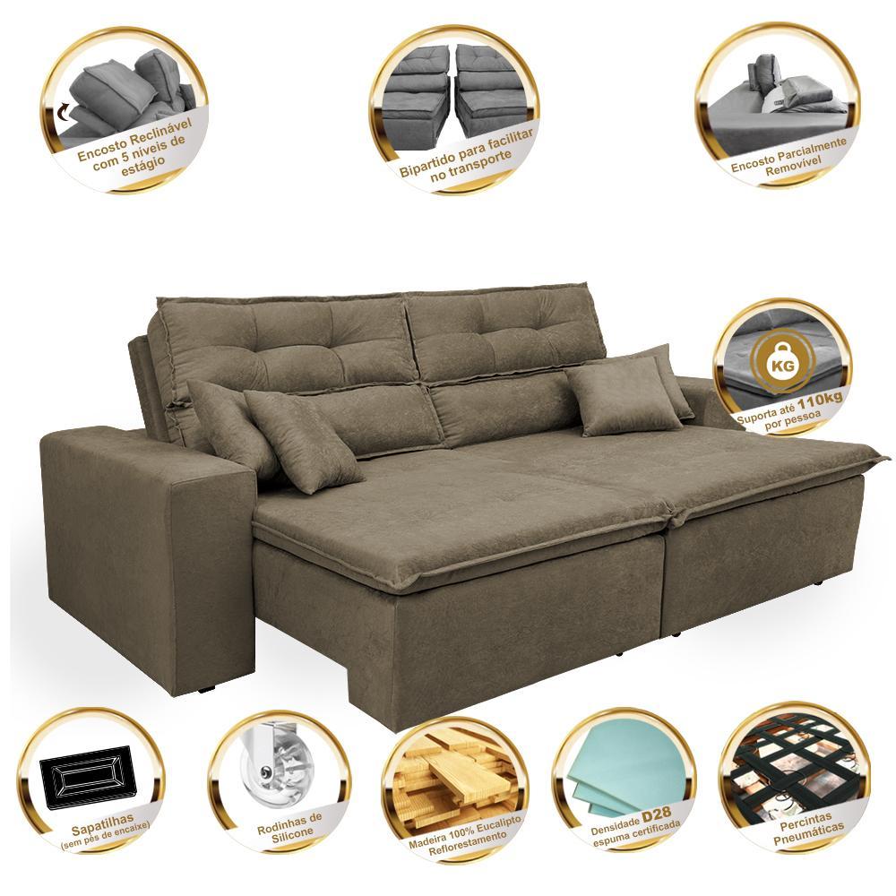 Sofá Cairo 2,92m Retrátil, Reclinável Tecido Suede Castor - 3