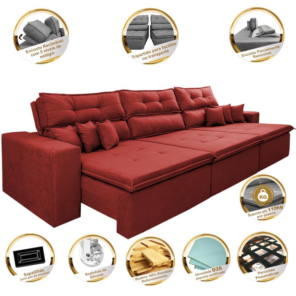 Sofá Cairo 4,12m Retrátil, Reclinável Tecido Suede Vermelho - 3