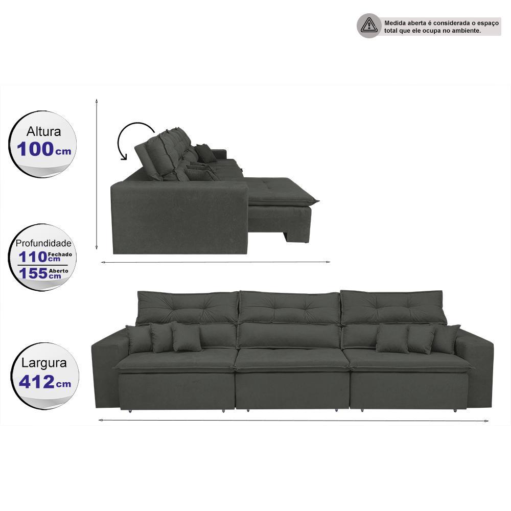 Sofá Cairo 4,12m Retrátil, Reclinável Tecido Suede Cinza - 2