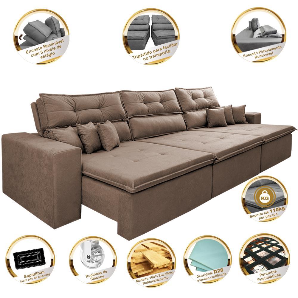 Sofá Cairo 4,12m Retrátil, Reclinável Tecido Suede Castor - 3