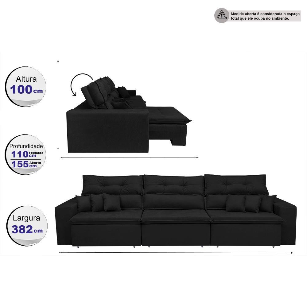 Sofá Cairo 3,82m Retrátil, Reclinável Tecido Suede Preto - 2