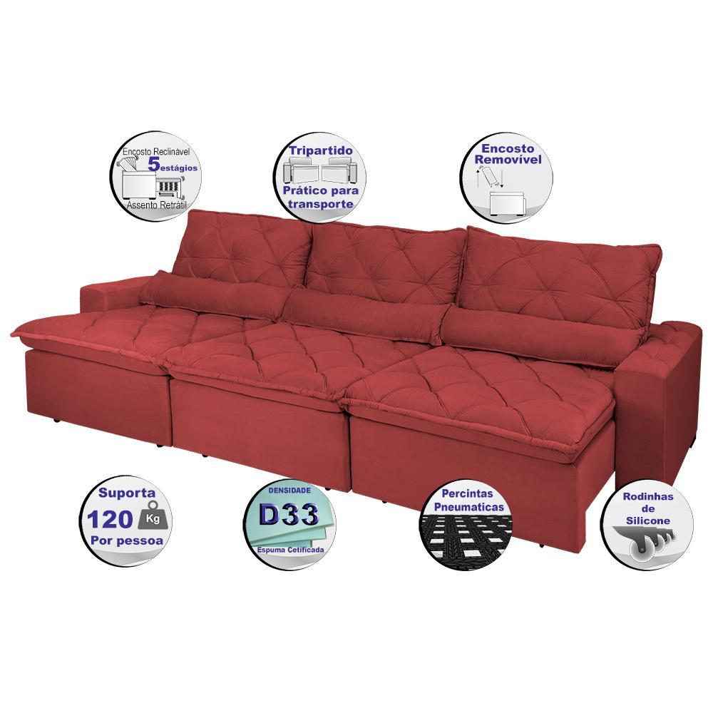 Sofá Lisboa 3,52m Retrátil, Reclinável, Molas no Assento e Almofadas Lombar Tecido Suede Vermelho - 5