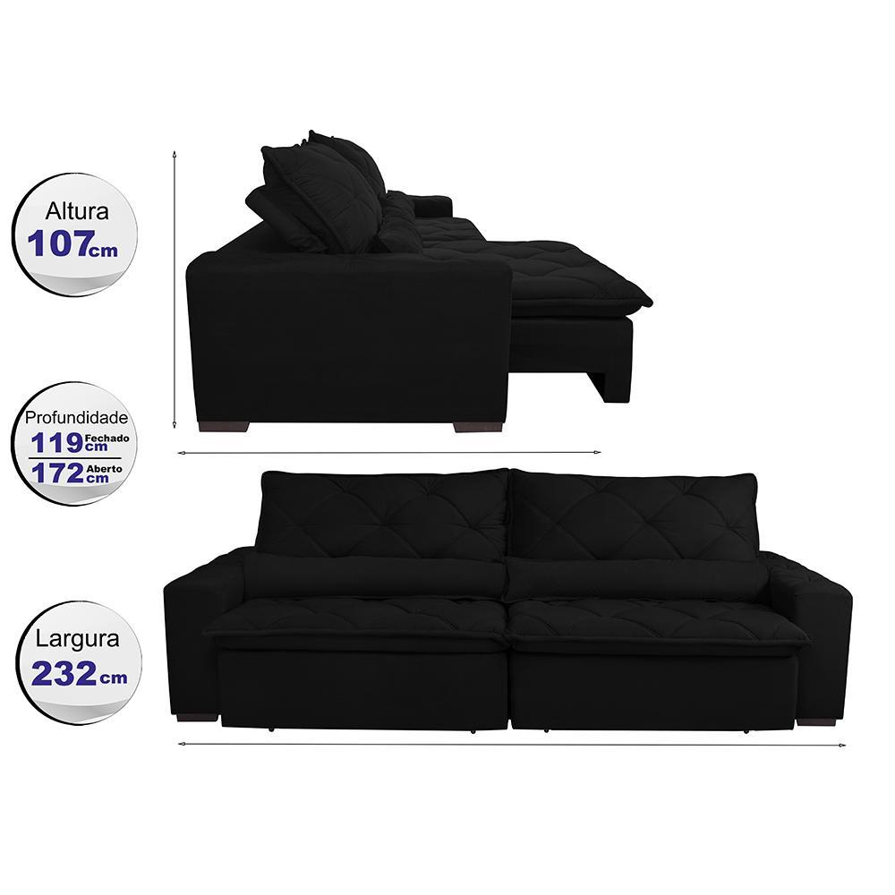 Sofá Lisboa 2,32m Retrátil, Reclinável com Molas no Assento Tecido Suede Velusoft Preto - Cama InBox - 2