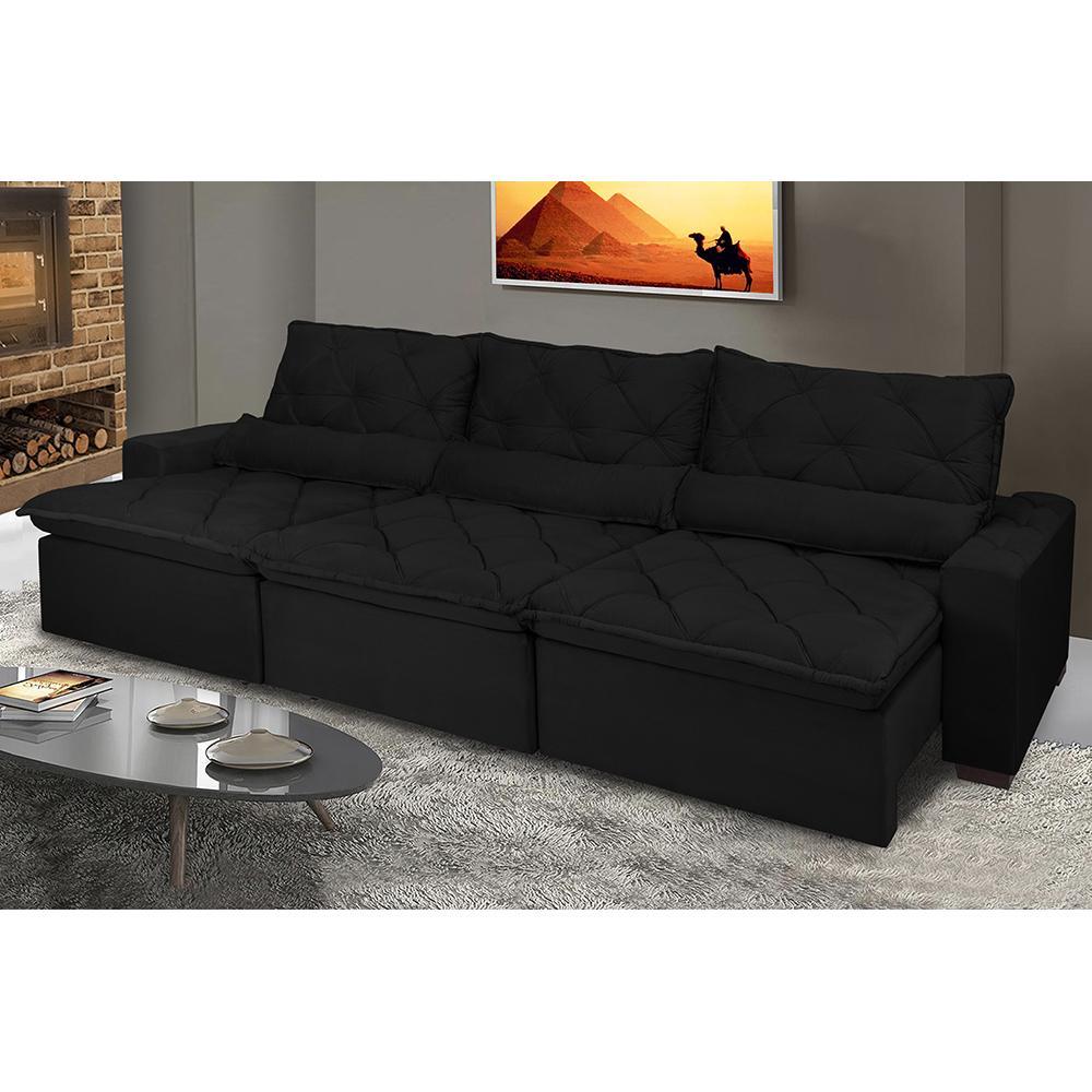 Sofá Lisboa 3,52m Retrátil, Reclinável com Molas no Assento e Almofadas Lombar Tecido Suede Preto - 1
