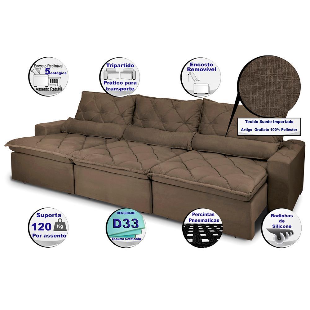 Sofá Lisboa 3,52m Retrátil, Reclinável com Molas no Assento e Almofadas Lombar Tecido Suede Café - 3