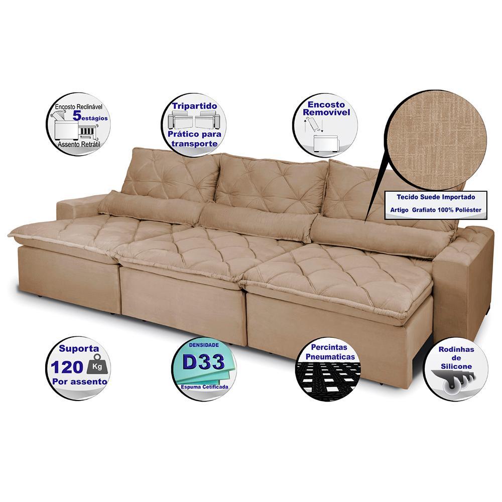 Sofá Lisboa 3,52m Retrátil, Reclinável com Molas no Assento e Almofadas Lombar Tecido Suede Castor - 3