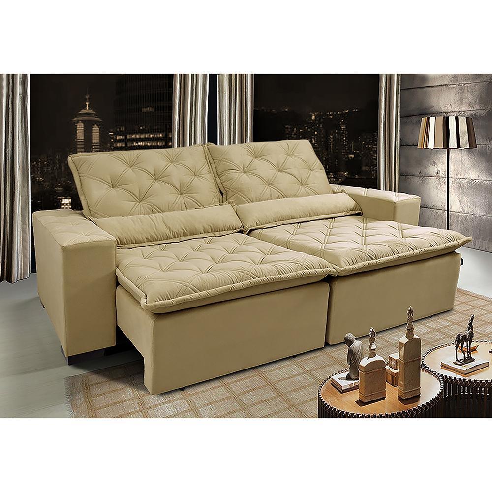 Sofá Lisboa 2,92m Retrátil, Reclinável com Molas no Assento Tecido Suede Velusoft Bege - Cama InBox - 1