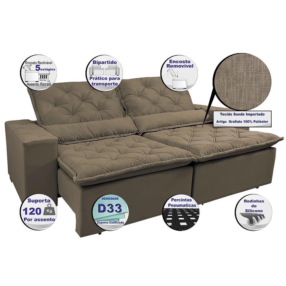 Sofá Lisboa 2,12m Retrátil, Reclinável com Molas no Assento Tecido Suede Velusoft Castor - 3