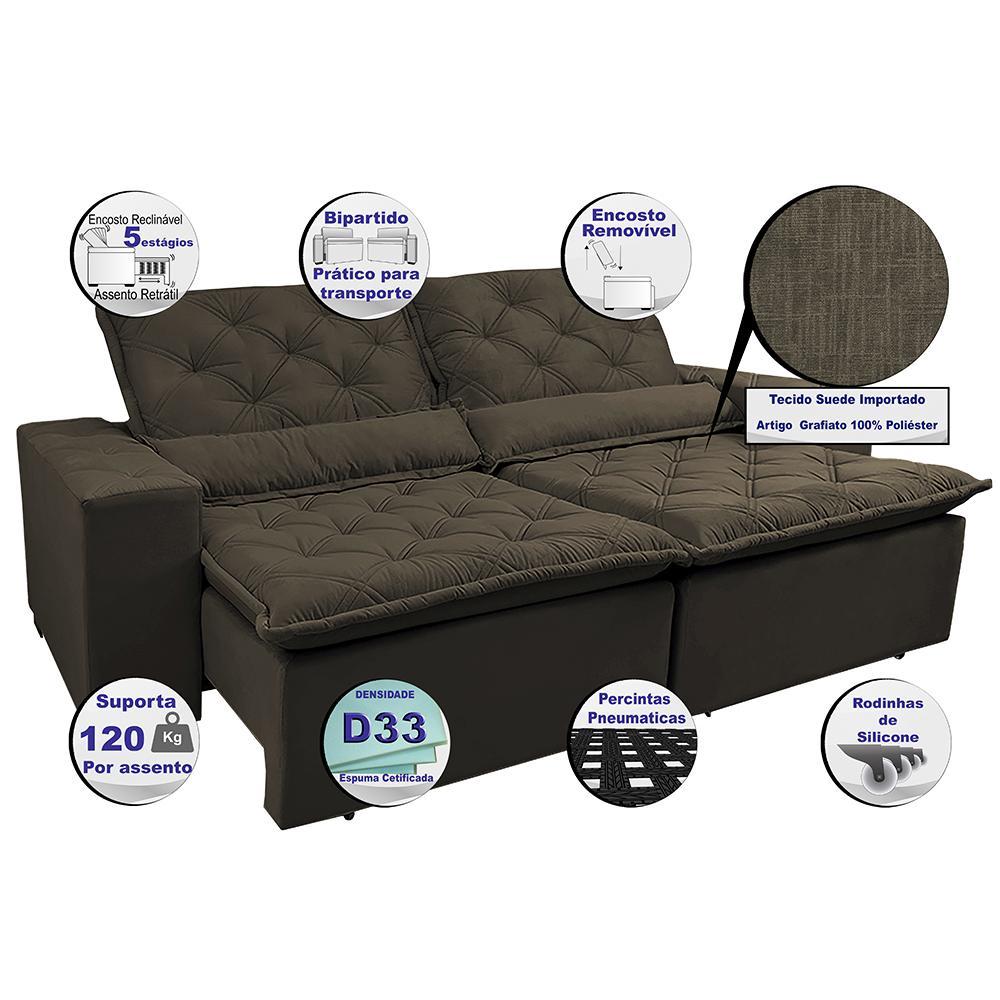 Sofá Lisboa 2,12m Retrátil, Reclinável com Molas no Assento Tecido Suede Velusoft Café - Cama InBox - 3