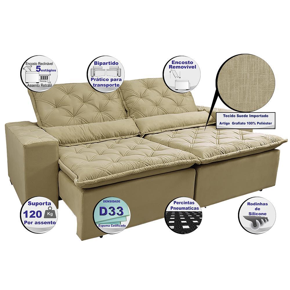 Sofá Lisboa 2,12m Retrátil, Reclinável com Molas no Assento Tecido Suede Velusoft Bege - Cama InBox - 3