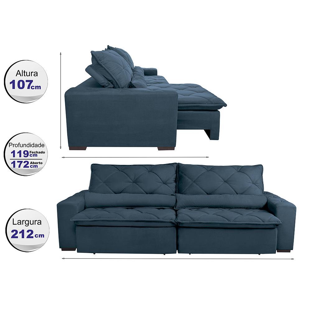 Sofá Lisboa 2,12m Retrátil, Reclinável com Molas no Assento Tecido Suede Velusoft Azul - Cama InBox - 2