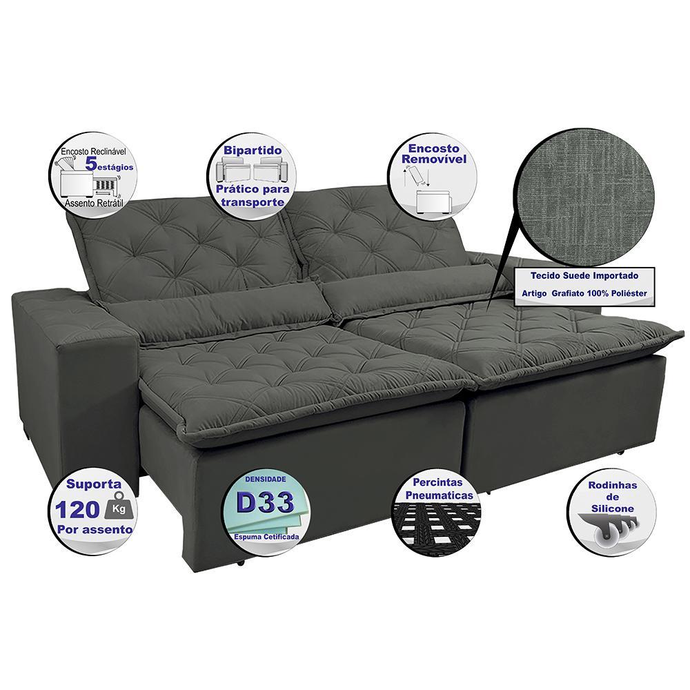 Sofá Lisboa 2,52m Retrátil, Reclinável com Molas no Assento Tecido Suede Velusoft Grafite - 3