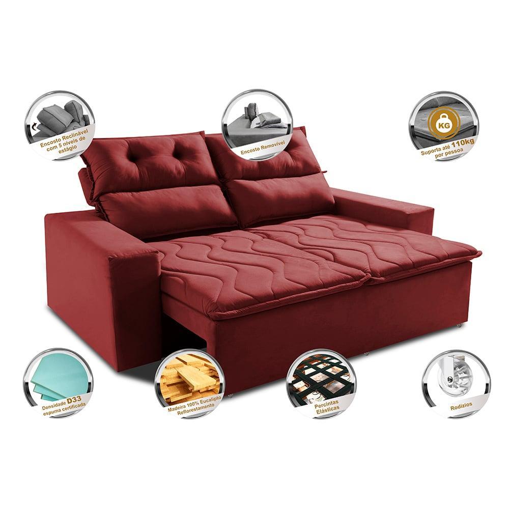 Sofá Retrátil e Reclinável 1,50m Cama inBox Smal com bordado pantográfico Suede Vermelho - 3