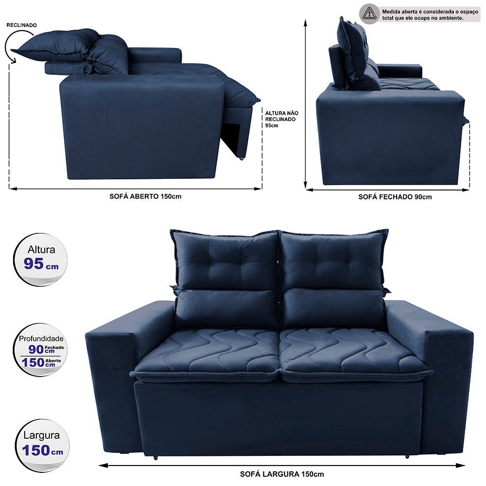 Sofá Retrátil e Reclinável 1,50m Cama inBox Smal com bordado pantográfico Suede Azul - 2