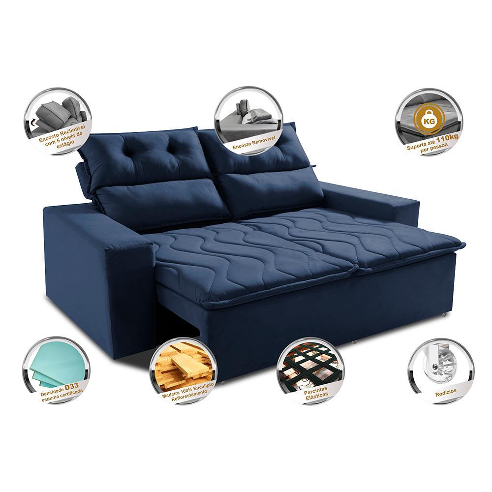 Sofá Retrátil e Reclinável 1,50m Cama inBox Smal com bordado pantográfico Suede Azul - 3