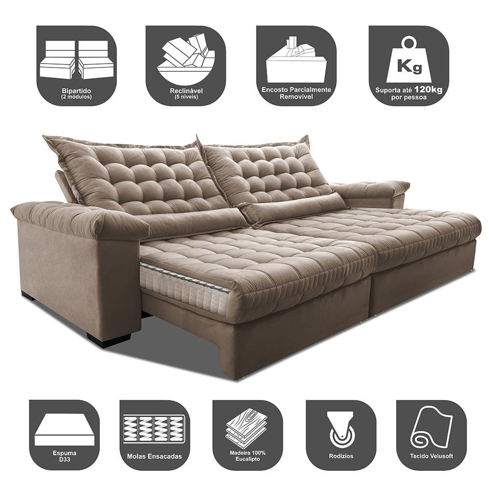 Sofá Retrátil e Reclinável 2,15m Molas Ensacadas Cama inBox Big Space com Bordado 3D Velusoft Bege - 3