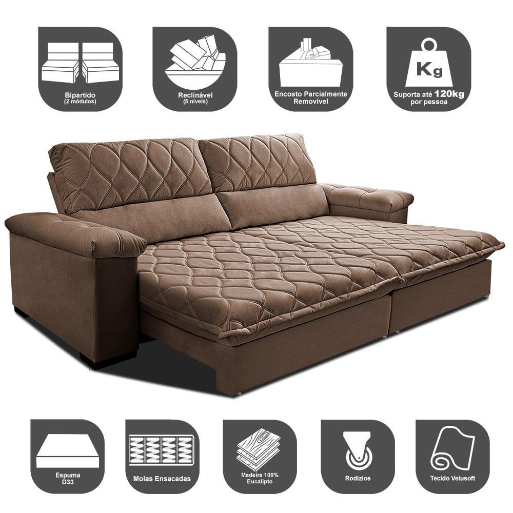 Sofá Retrátil e Reclinável 2,15m Molas Ensacadas Cama inBox Big Home com Bordado 3D Velusoft Castor - 3