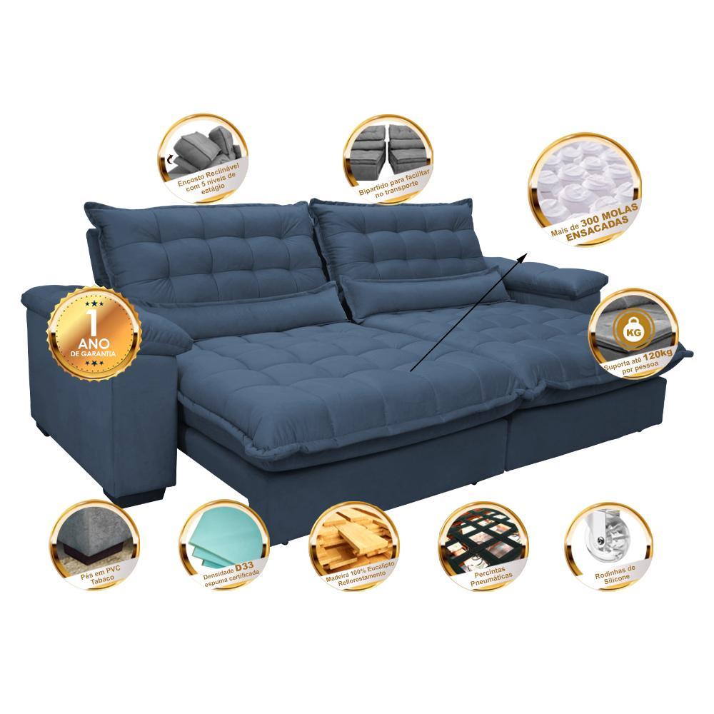 Sofá Retrátil e Reclinável 2,12m com Molas Ensacadas Cama inBox Aconchego Tecido Suede Azul - 9