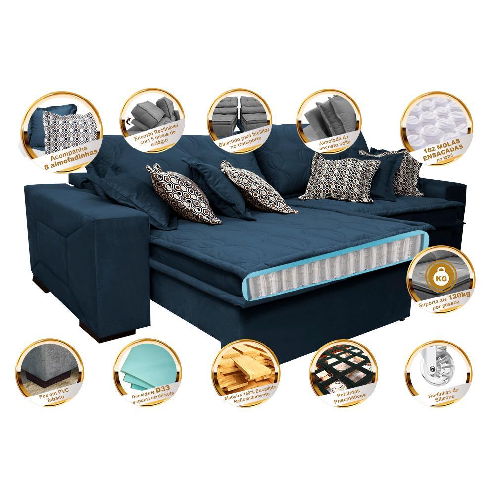 Sofá Retrátil e Reclinável 2,12m com Molas Ensacadas Cama Inbox Supreme Tecido Suede Velusoft Azul - 3