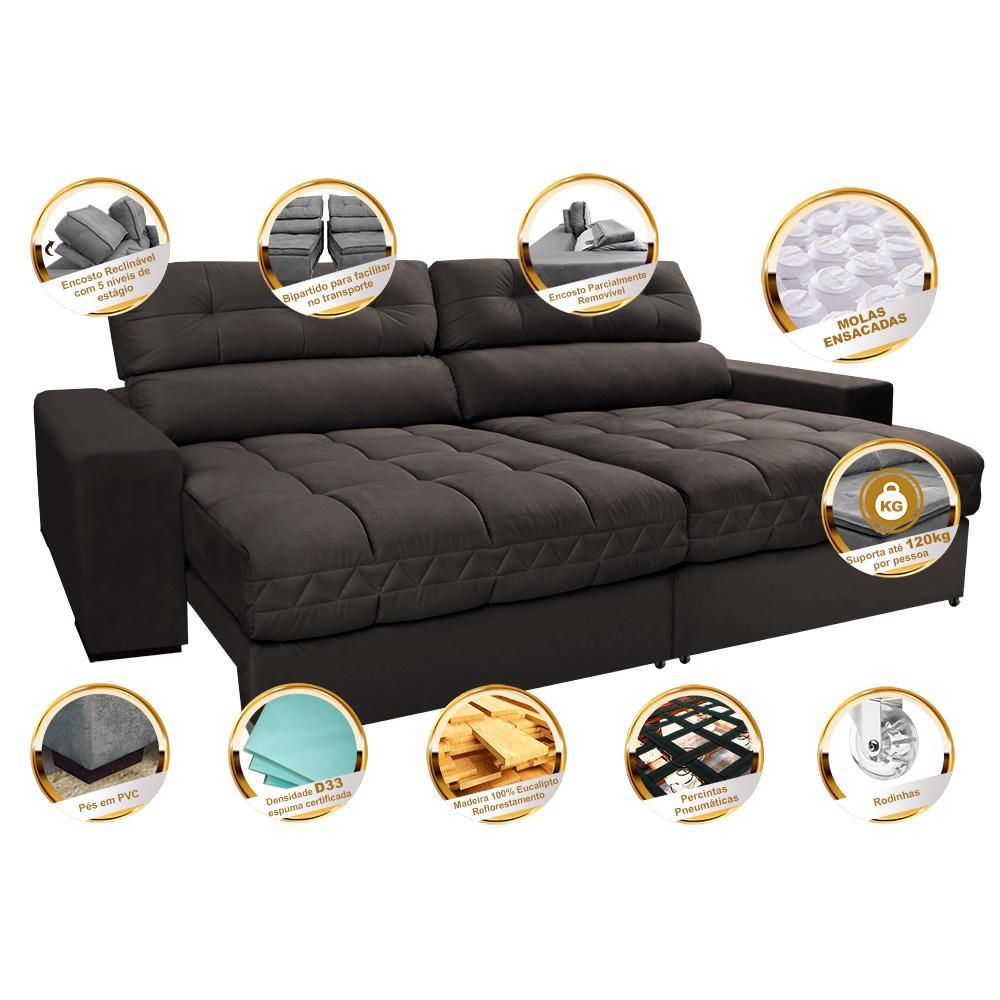 Sofá Retrátil e Reclinável 2,12m Molas Ensacadas Cama inBox Brasil Velusoft Café - 3