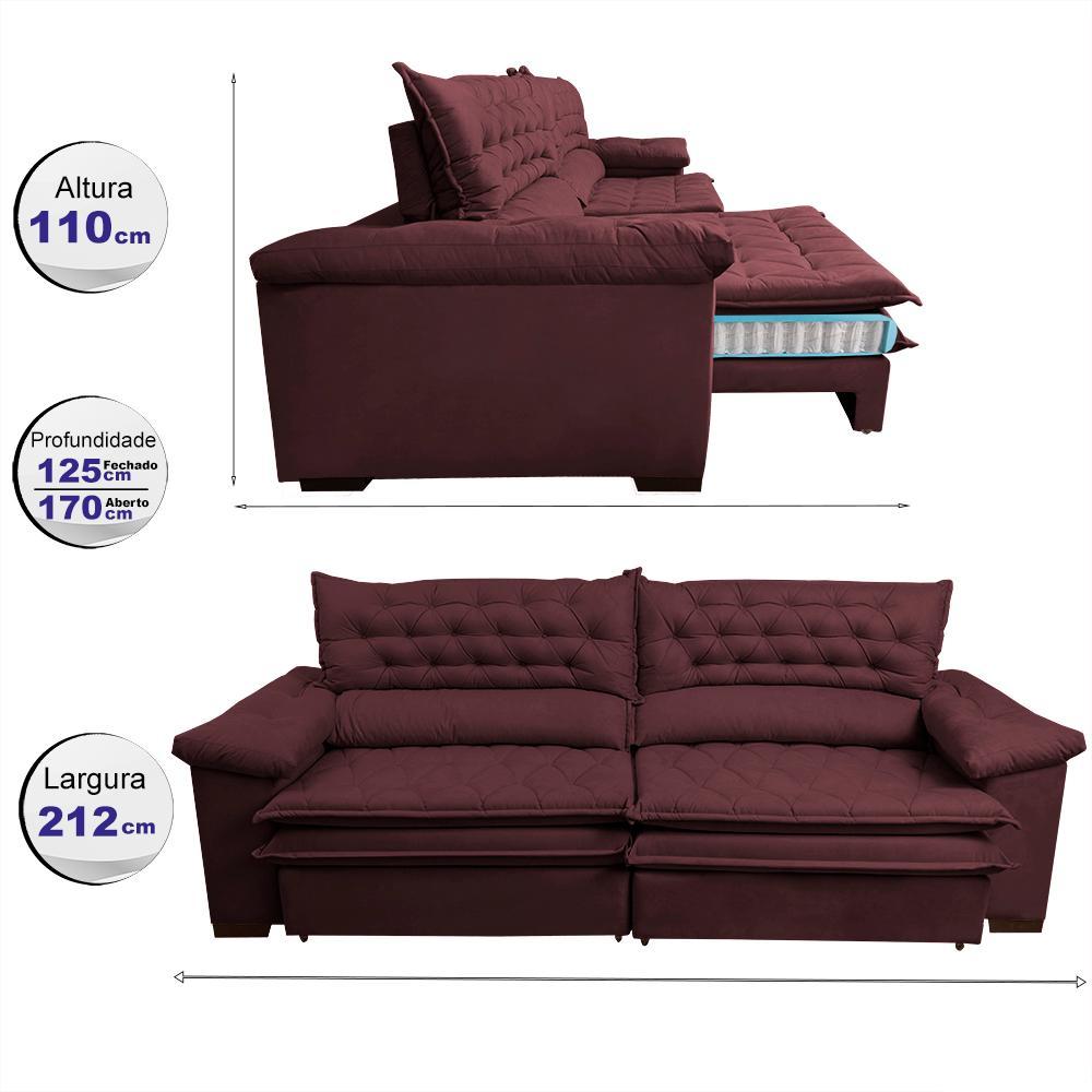 Sofá Retrátil e Reclinável 2,12m Molas Ensacadas Cama inBox Alemanha com Espuma Viscoelástico Velusoft Vinho - 2