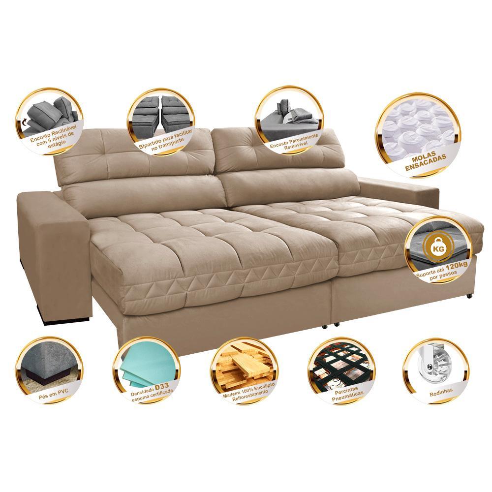 Sofá Retrátil e Reclinável 2,12m Molas Ensacadas Cama inBox Brasil Velusoft Bege - 3