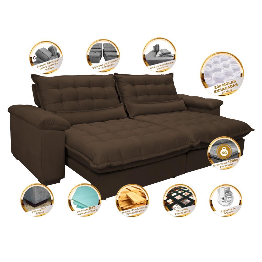 Sofá Retrátil e Reclinável 2,32m com Molas Ensacadas Cama inBox Aconchego Tecido Suede Café - 3