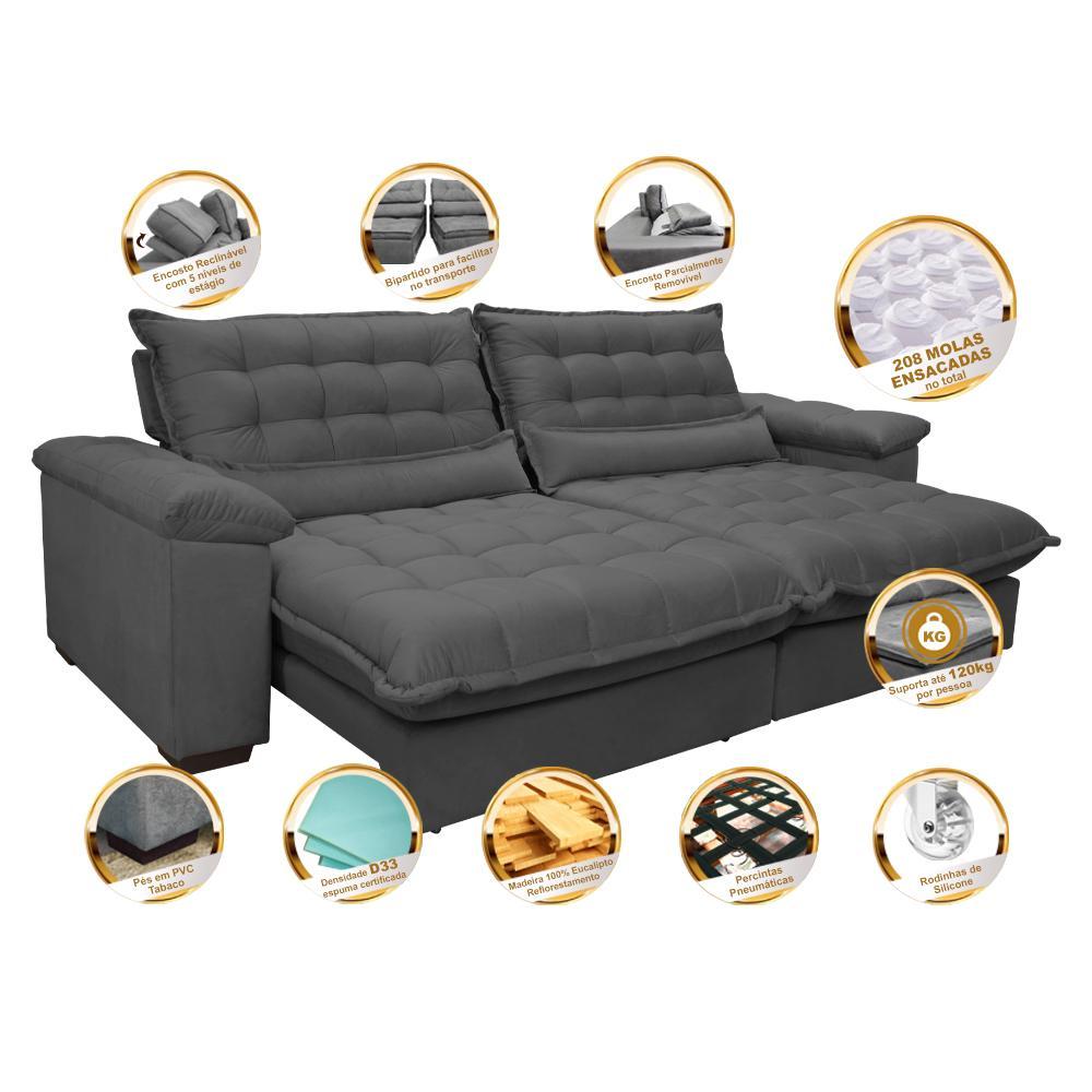 Sofá Retrátil e Reclinável 2,32m com Molas Ensacadas Cama inBox Aconchego Tecido Suede Cinza - 3