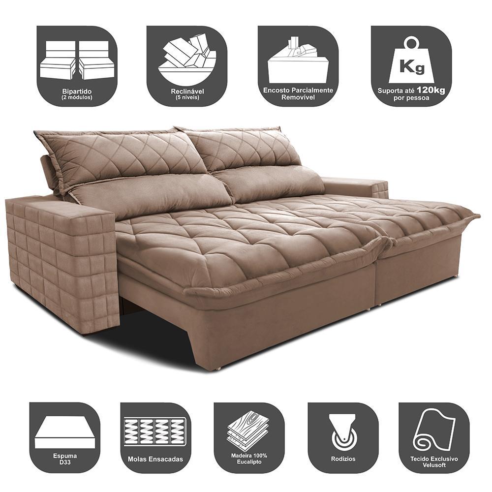 Sofá Retrátil e Reclinável 2,15m Molas Ensacadas Cama inBox Elegance com ThermoGel Velusoft Bege - 3