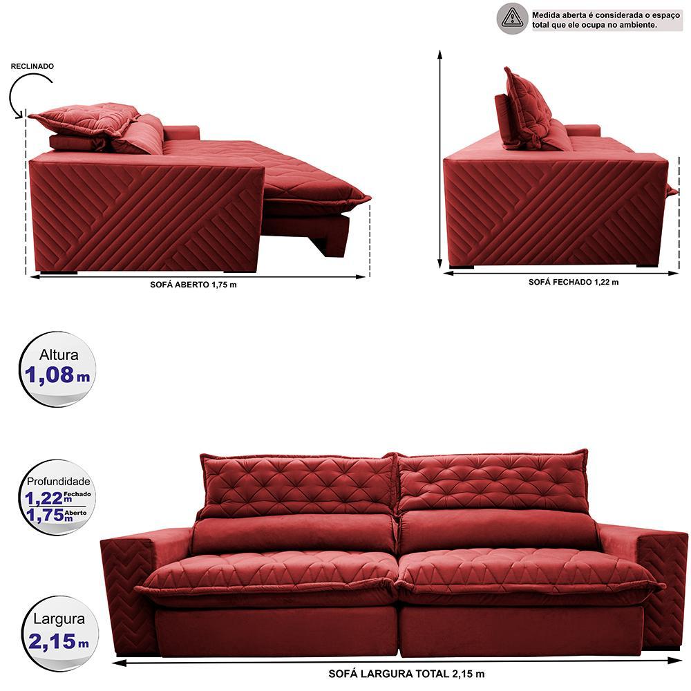 Sofá Retrátil e Reclinável 2,15m Molas Ensacadas Cama inBox Spazus com Bordado 3D Velusoft Vermelho - 2