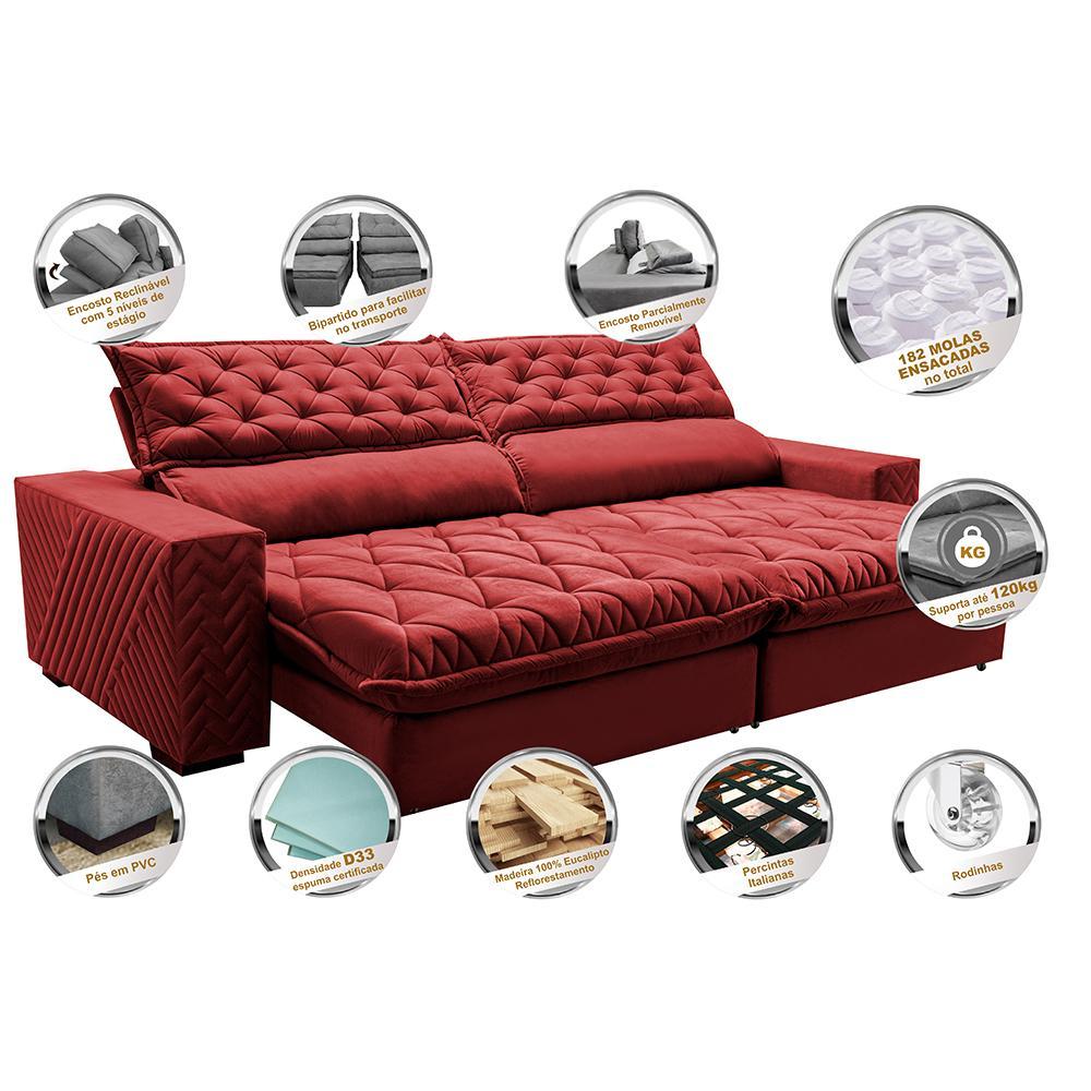 Sofá Retrátil e Reclinável 2,15m Molas Ensacadas Cama inBox Spazus com Bordado 3D Velusoft Vermelho - 3