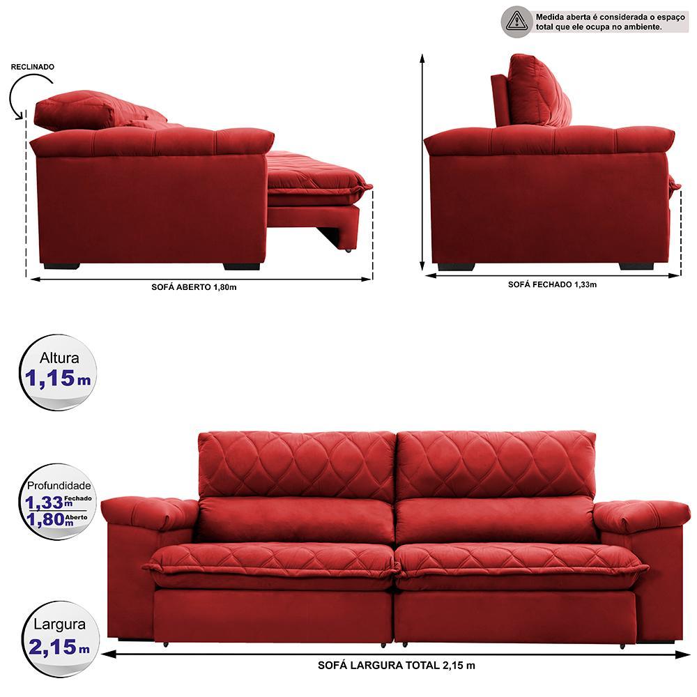 Sofá Retrátil e Reclinável 2,15m Molas Ensacadas Cama inBox Big Home com Bordado Velusoft Vermelho - 2