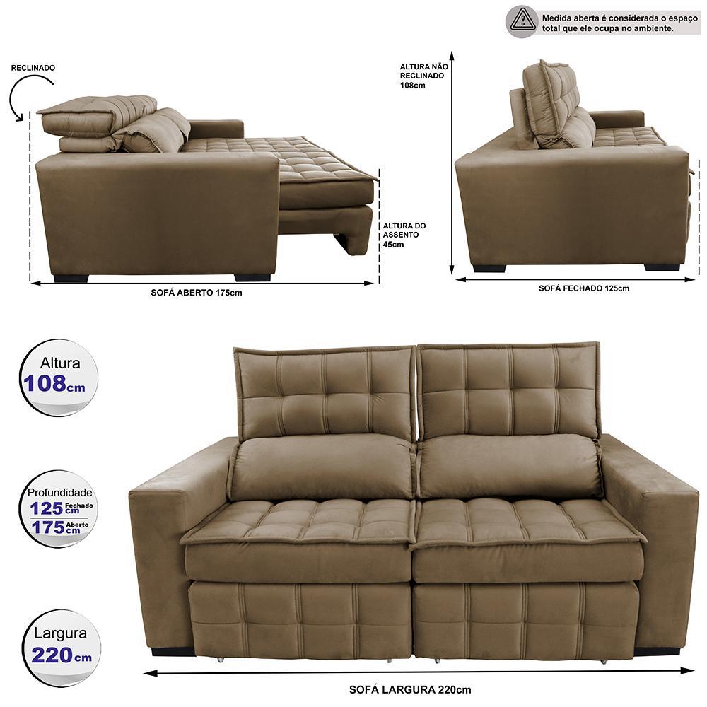 Sofá Retrátil e Reclinável 2,20m Molas Ensacadas e Costura Tripla Cama inBox Nobre Suede Castor - 2